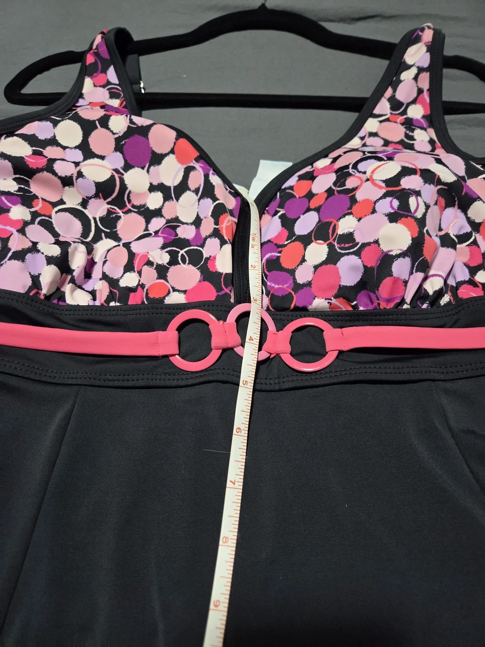 Black One-Piece Swimdress with Pink Polka Dot Bodice